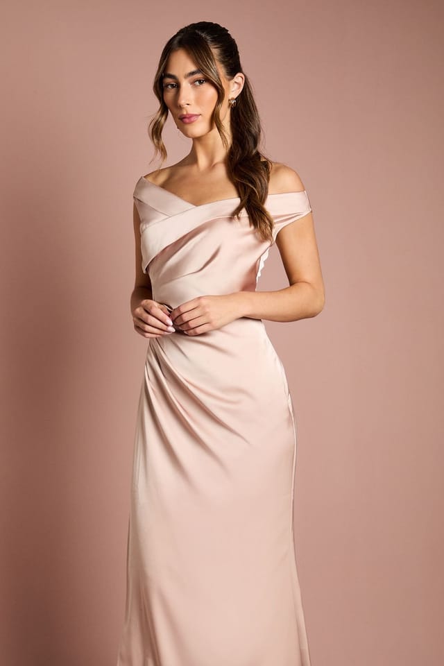 Coast Coast Women's Satin Bardot Bridesmaid Maxi Dress with Waist Ruching Detail in Mocha - 2