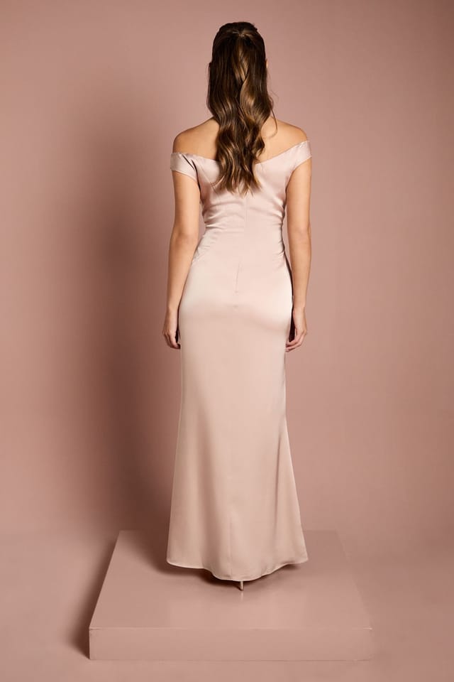 Coast Coast Women's Satin Bardot Bridesmaid Maxi Dress with Waist Ruching Detail in Mocha - 3