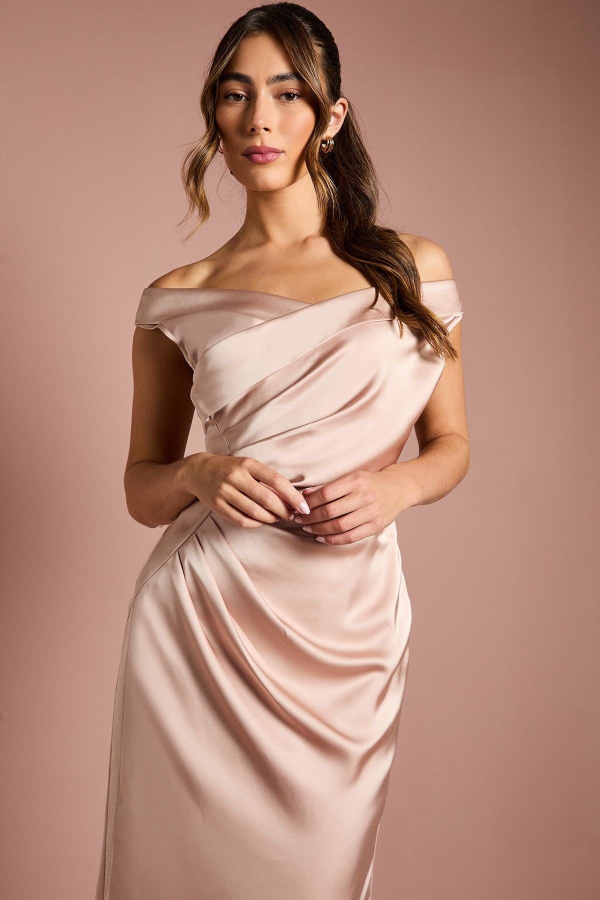 Coast Coast Women's Satin Bardot Bridesmaid Maxi Dress with Waist Ruching Detail in Mocha - 4