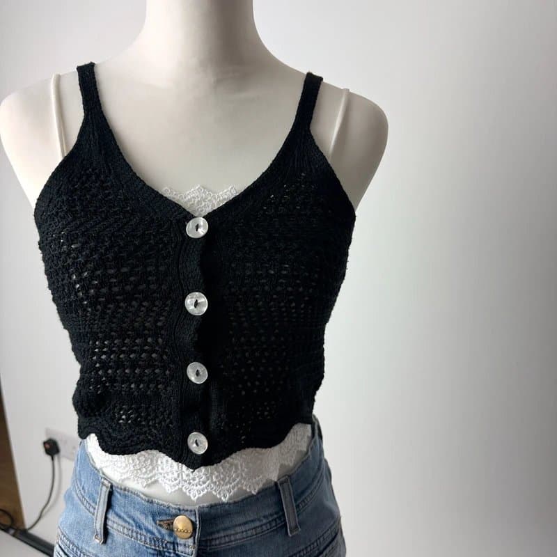 New Look Black New Look vintage Crochet Button Crop Top Y2K Boho Indie Festival
