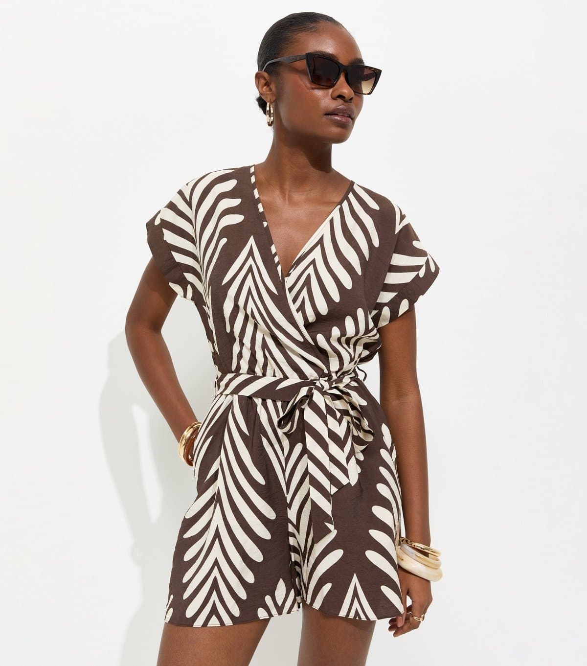 New Look Women's Brown Woven Palm Print Playsuit New Look