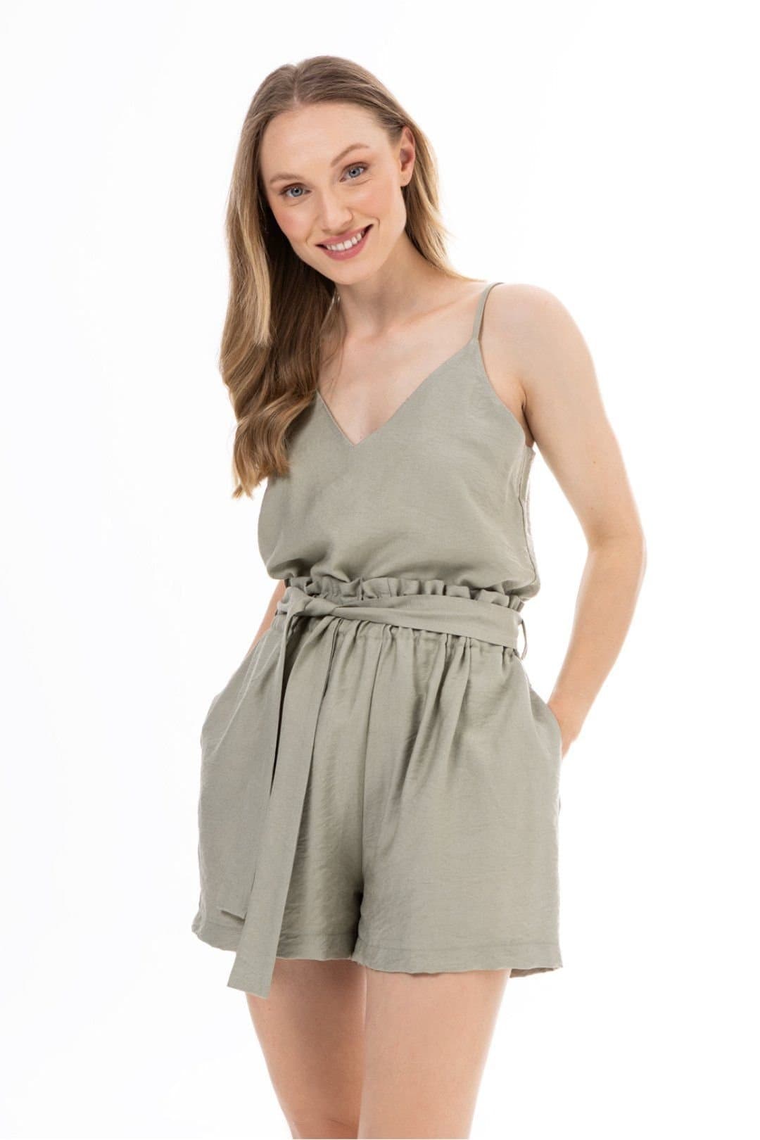 Love Lace Love Lace Women's V Neck Satin Finish Loose Strap Top in Green