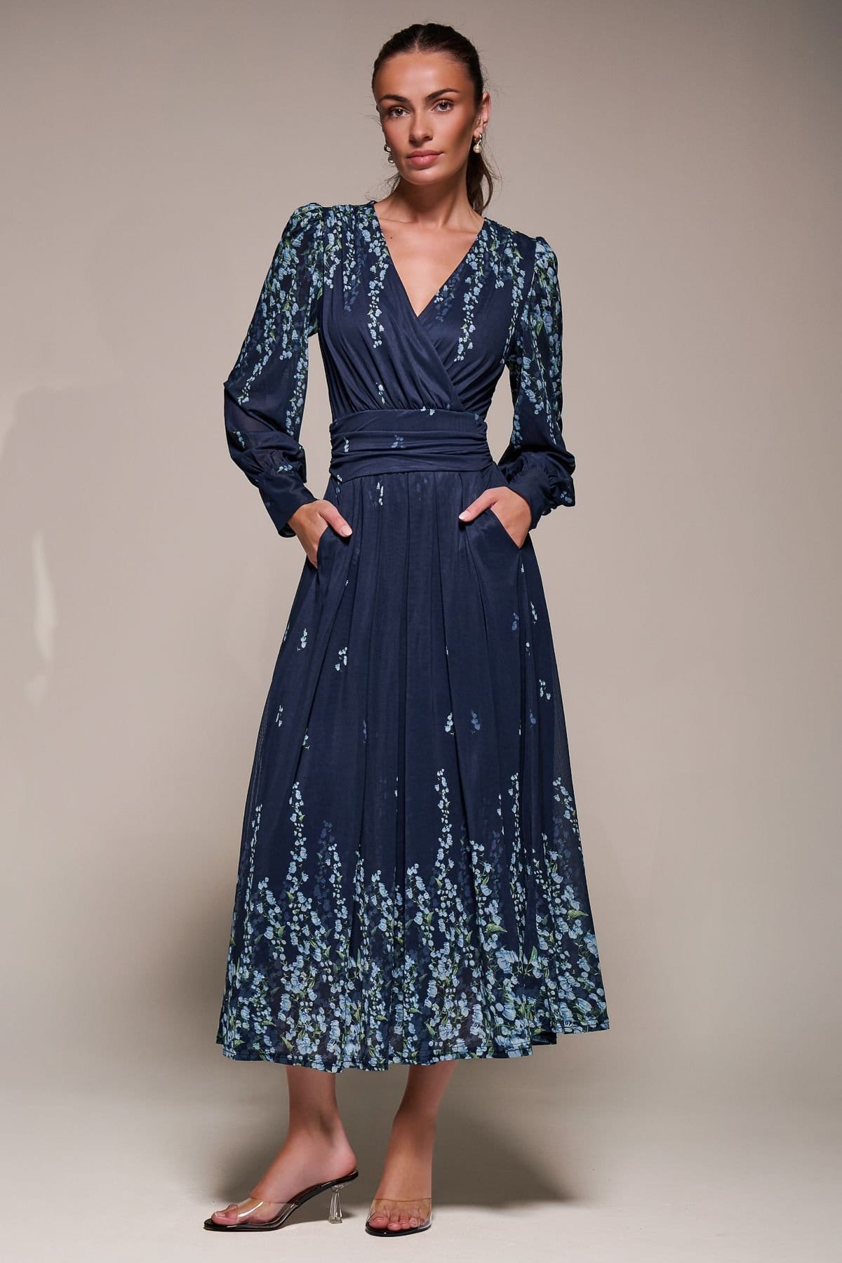 Jolie Moi Jolie Moi Women's Long Sleeve Printed Mesh Midaxi Dress in Blue - 4