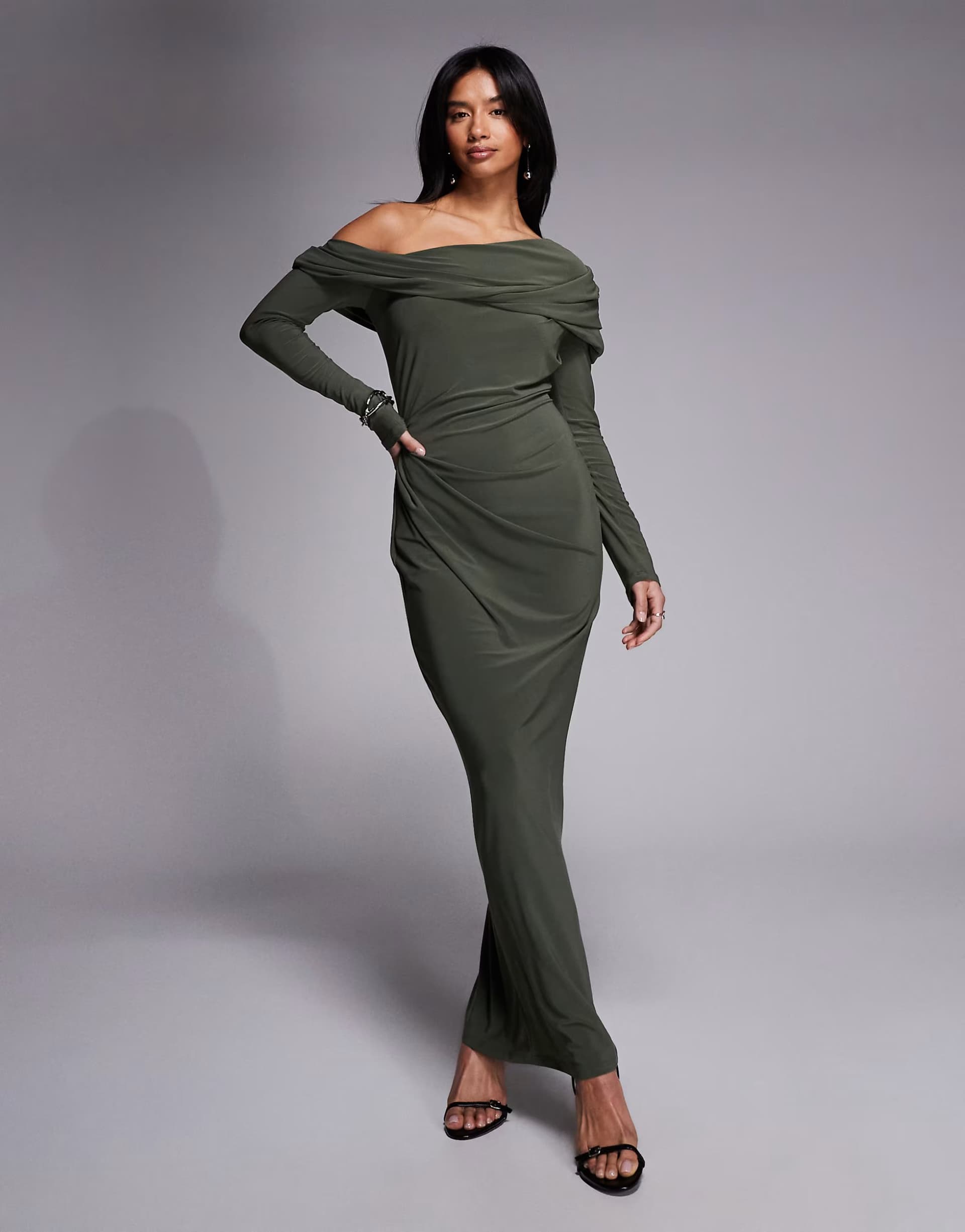 ASOS ASOS DESIGN Petite slinky long sleeve fallen shoulder with drape and ruching detail maxi dress in khaki