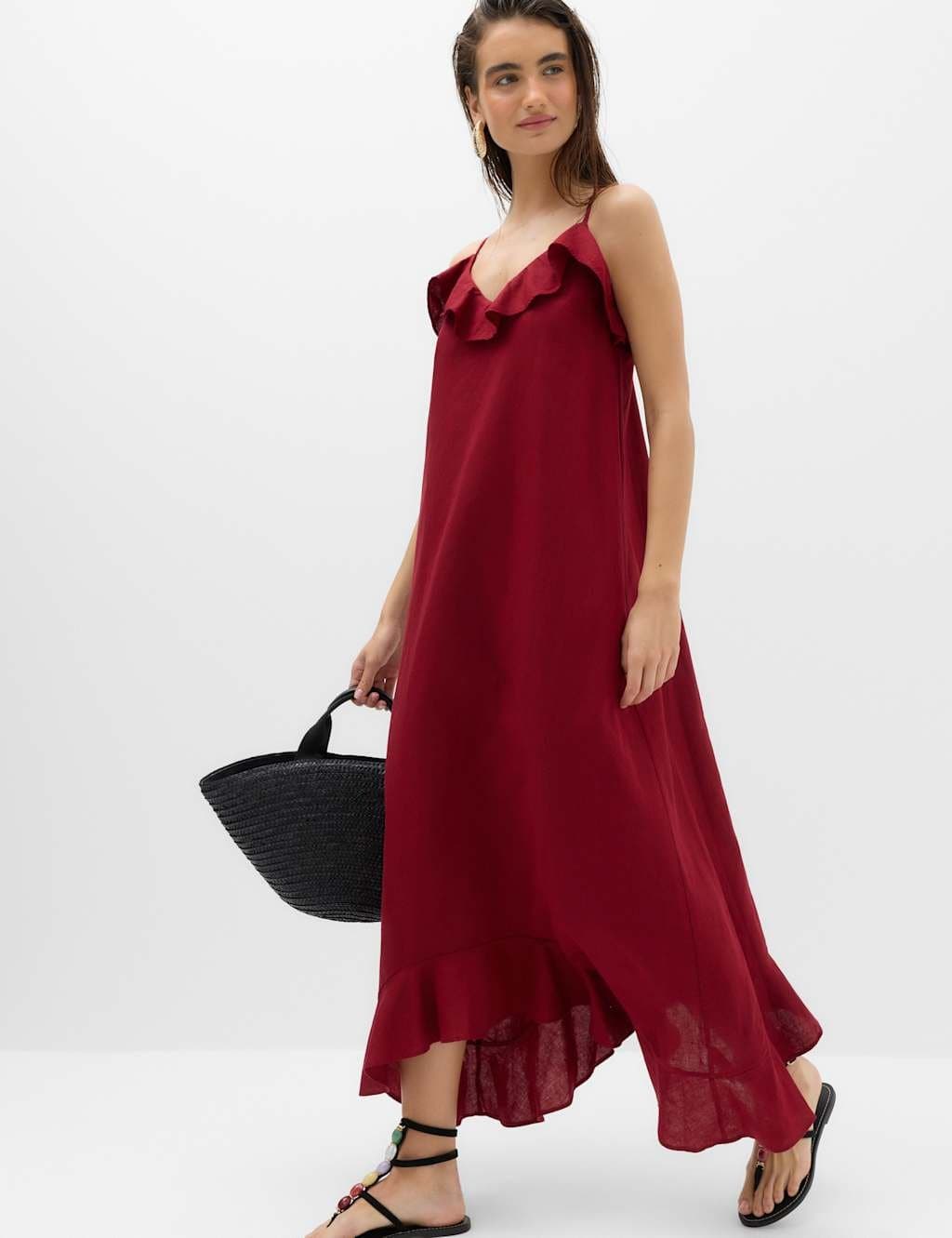 Marks & Spencer M&S Linen Cotton Blend Ruffle Maxi Dress Dark Red