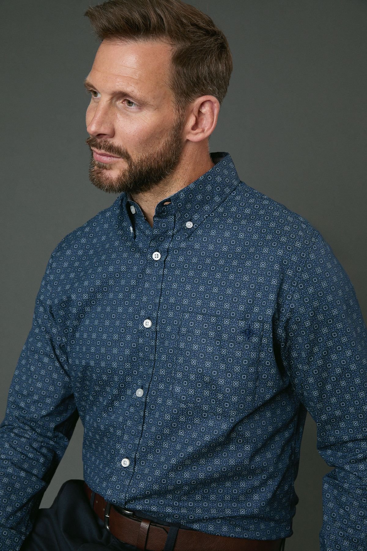 Maine Maine Men's Navy Tudor Tile Print Long Sleeve Shirt in Blue - 3