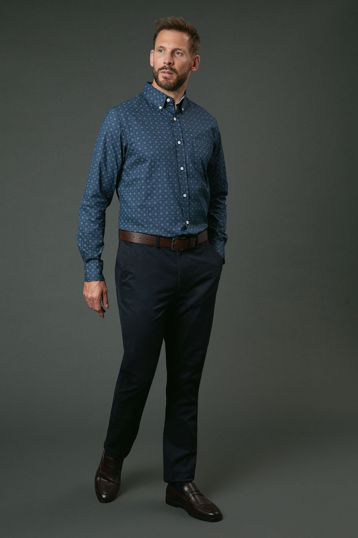 Maine Maine Men's Navy Tudor Tile Print Long Sleeve Shirt in Blue - 4