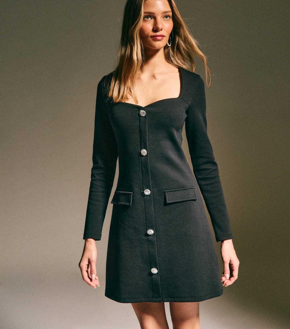 New Look Black Diamante Button Long Sleeve Mini Dress