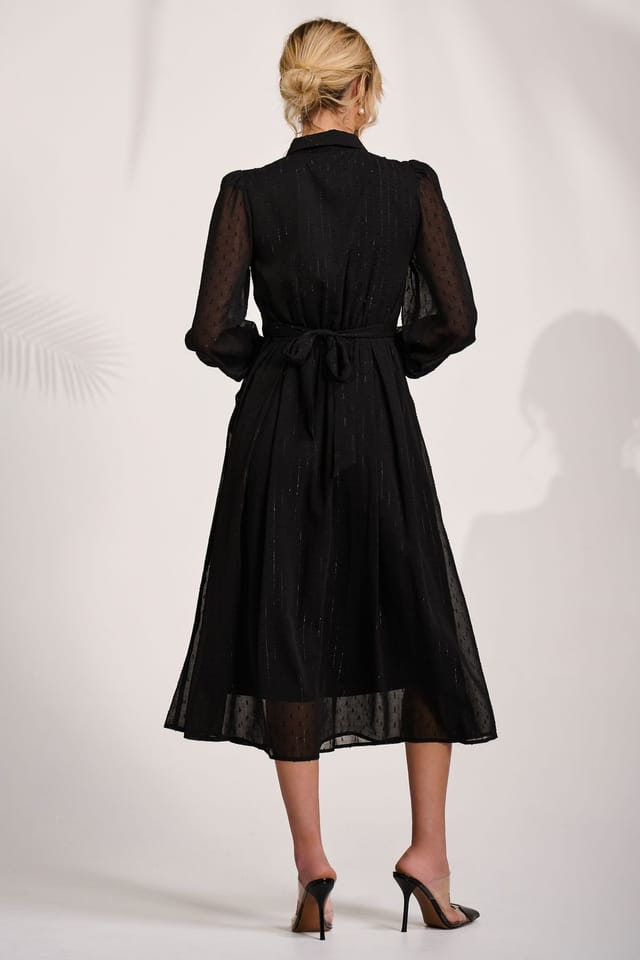 Jolie Moi Jolie Moi Women's Textured Chiffon Long Sleeve Shirt Dress in Black - 2