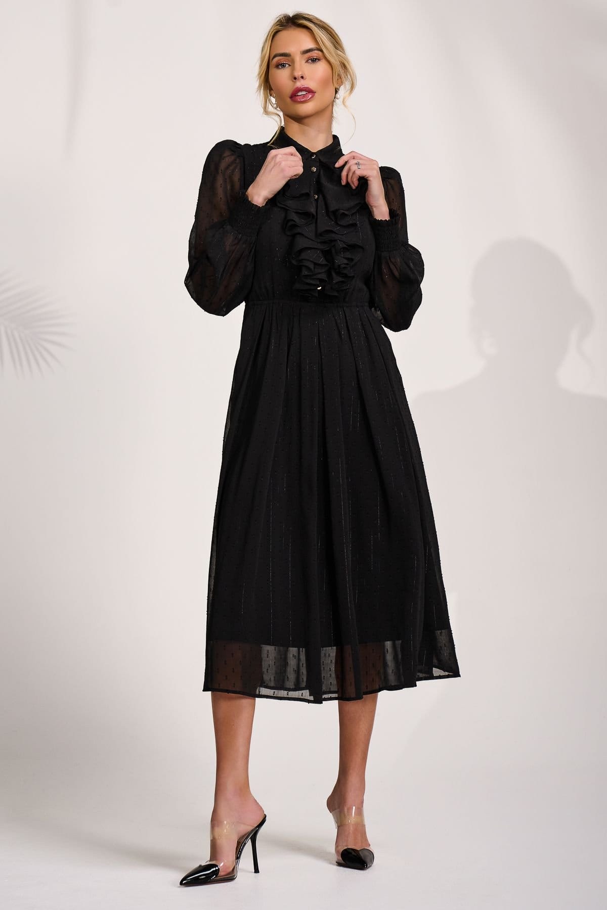 Jolie Moi Jolie Moi Women's Textured Chiffon Long Sleeve Shirt Dress in Black - 4