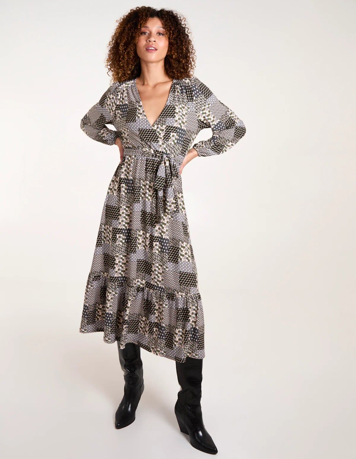 Blue Vanilla Geometric Wrap Front Belted Midi Dress