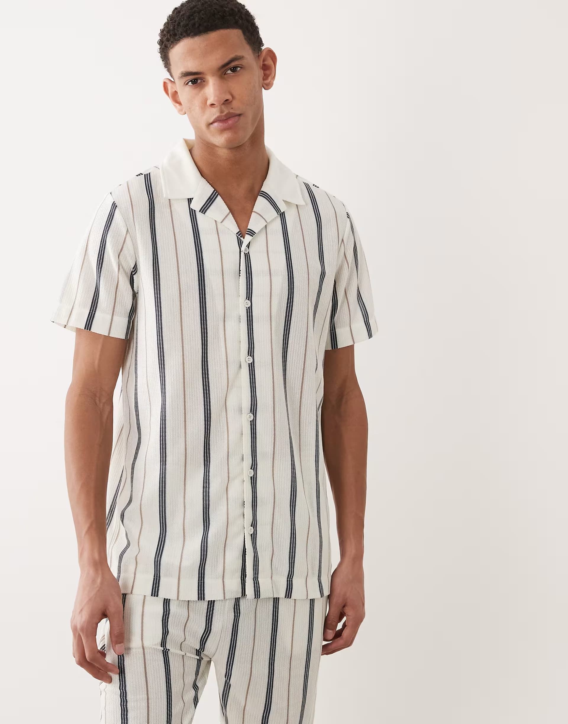ASOS Brave Soul textured short sleeve shirt co-ord in cream, navy and taupe stripe