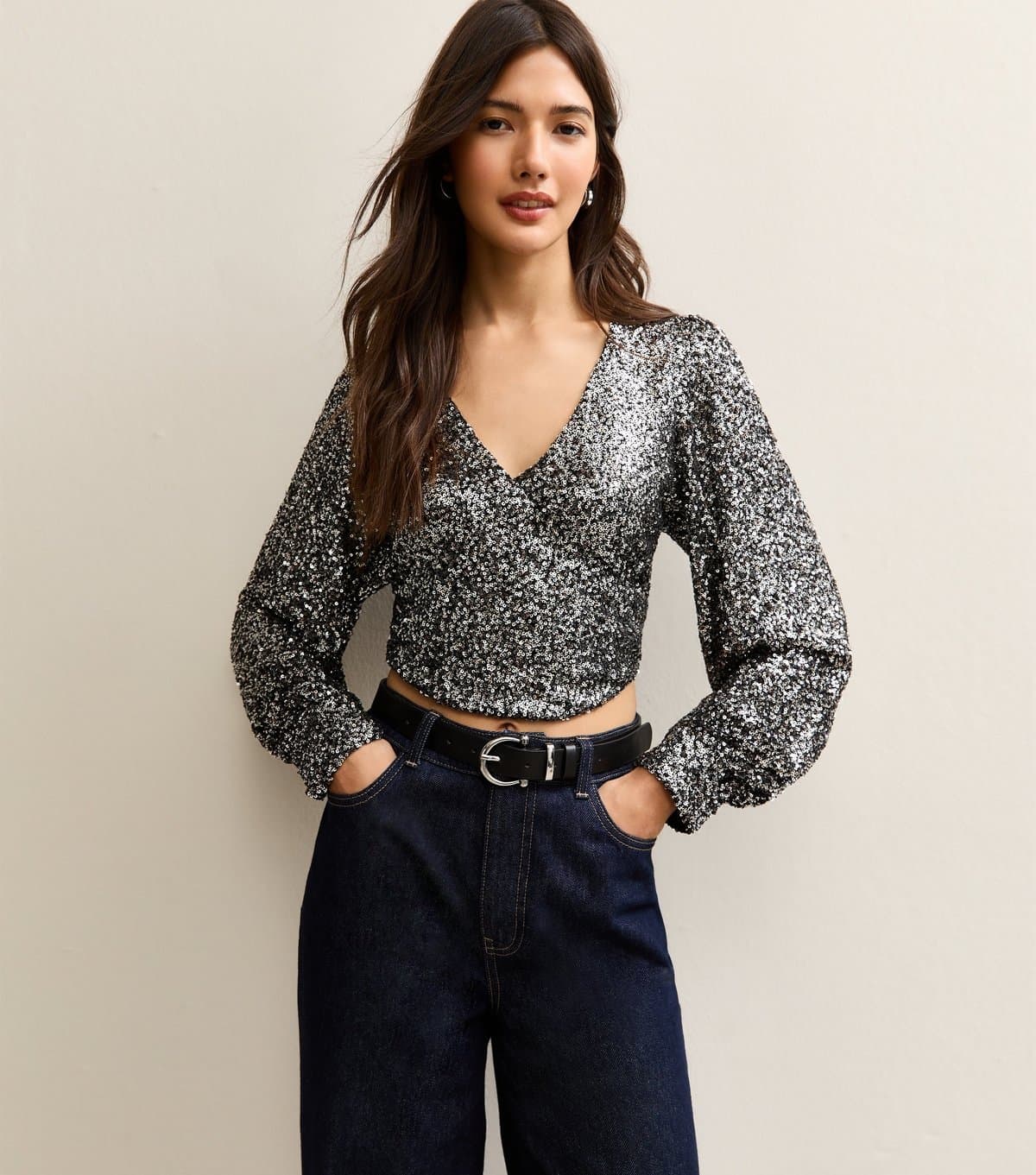 New Look Women's Gunmetal Sequinned Soft Touch Long Sleeve Top New Look