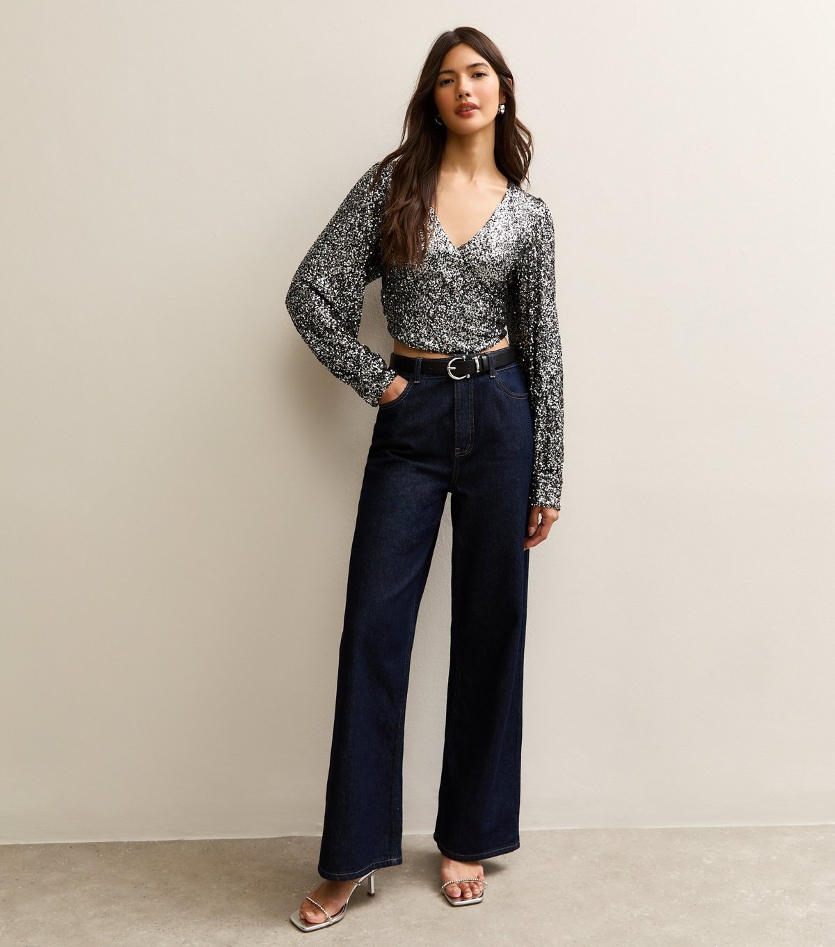 New Look Women's Gunmetal Sequinned Soft Touch Long Sleeve Top New Look - 3