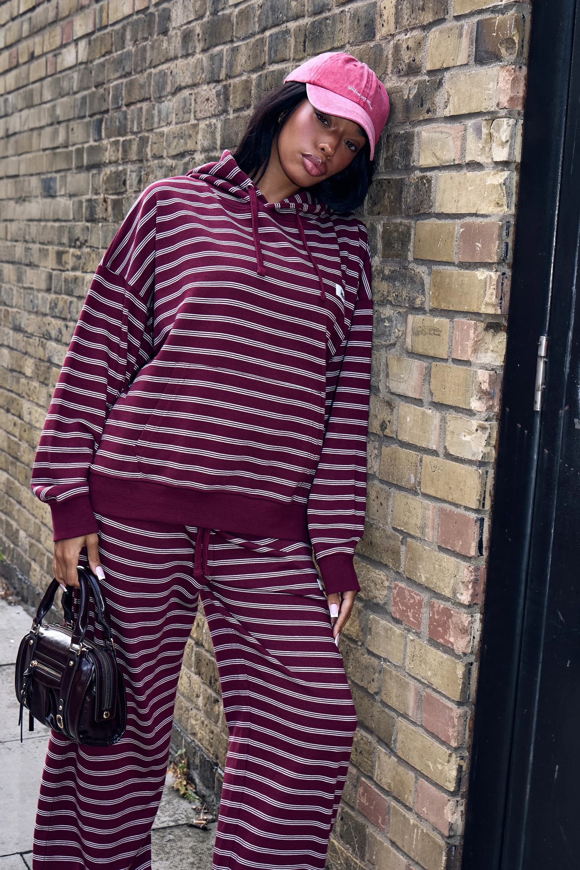 Kaiia Kaiia Striped Oversized Hoodie Burgundy & Cream