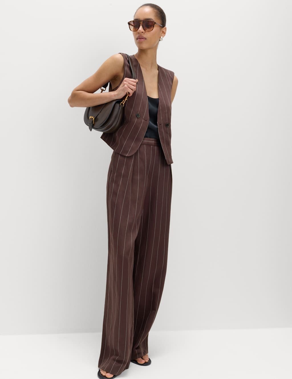M&S Chocolate Mix Linen Blend Pinstripe Trousers