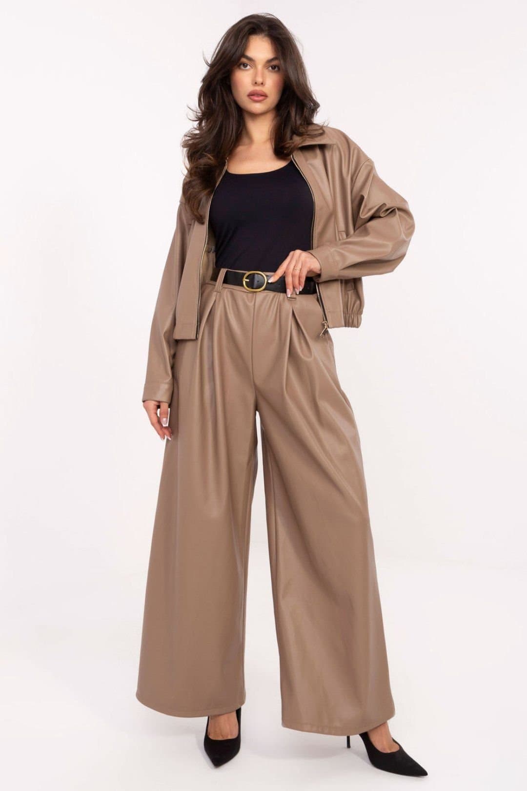 Love Lace Love Lace Women's Belted High Waist Leather Palazzo Pants in Beige