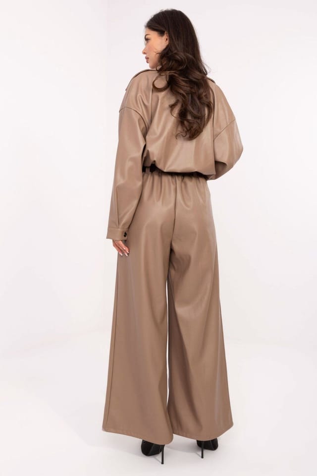 Love Lace Love Lace Women's Belted High Waist Leather Palazzo Pants in Beige - 2