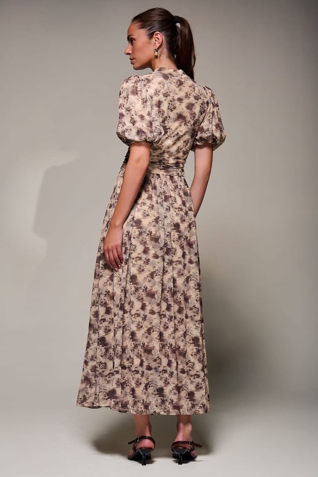 Jolie Moi Jolie Moi Women's Puffy Sleeve Printed Mesh Maxi Dress in Brown - 2