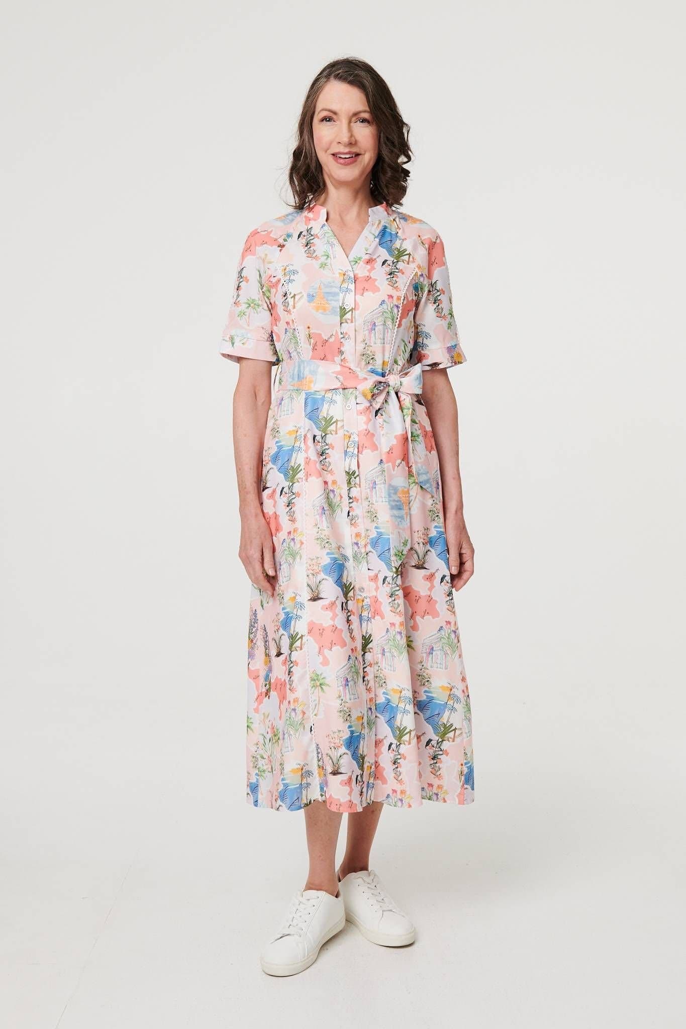 Izabel London Izabel London Women's Printed Tie Waist 1/2 Sleeve Midi Dress in Pink