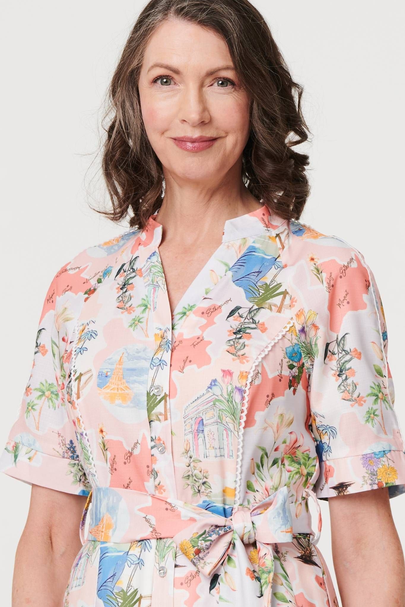 Izabel London Izabel London Women's Printed Tie Waist 1/2 Sleeve Midi Dress in Pink - 2