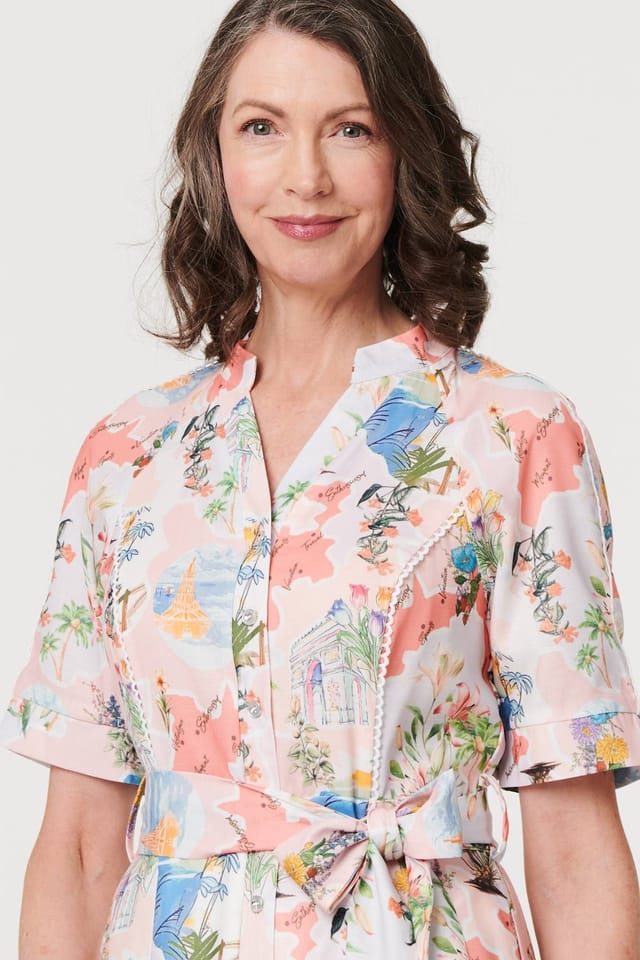 Izabel London Izabel London Women's Printed Tie Waist 1/2 Sleeve Midi Dress in Pink - 2