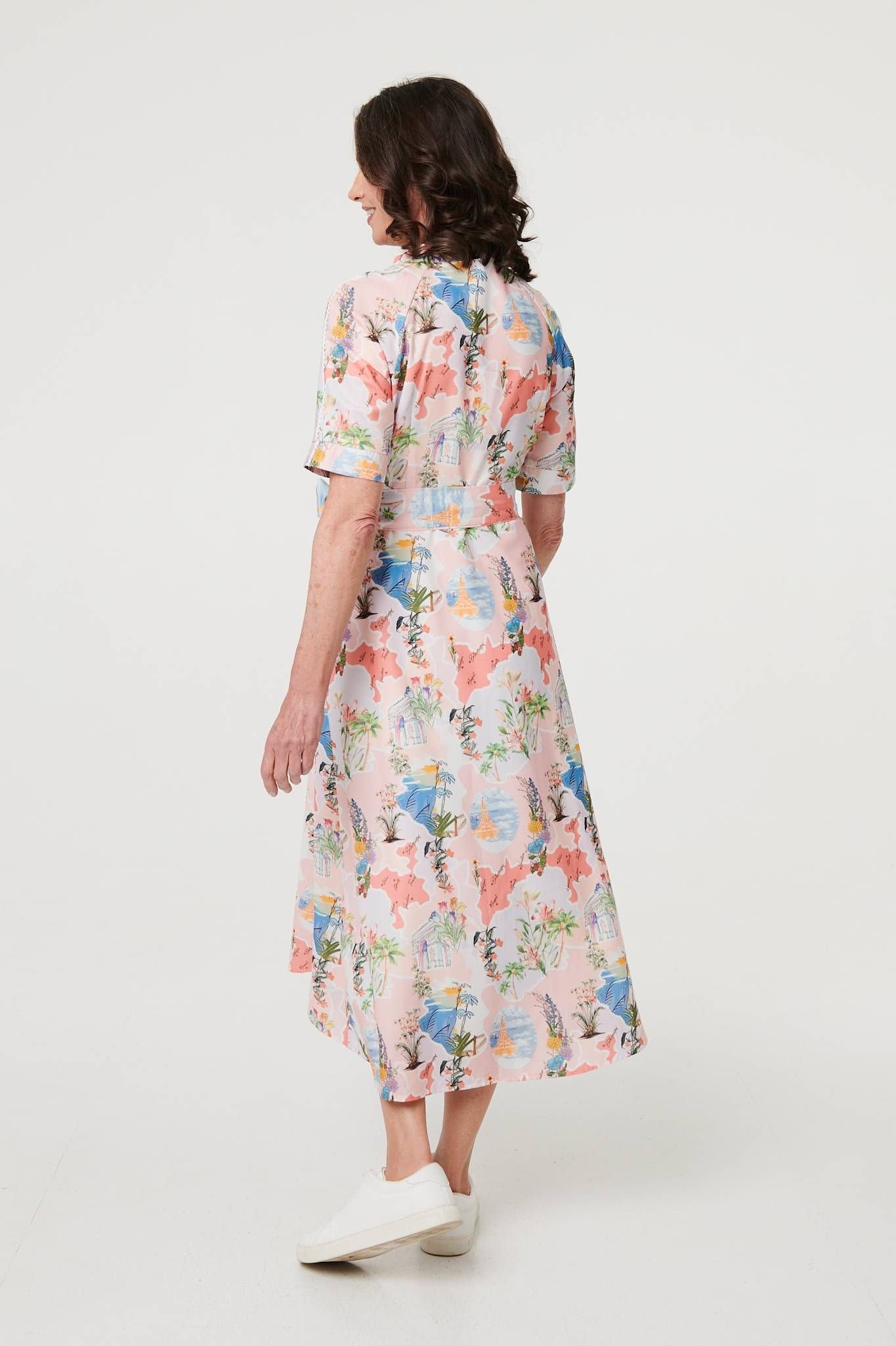 Izabel London Izabel London Women's Printed Tie Waist 1/2 Sleeve Midi Dress in Pink - 3