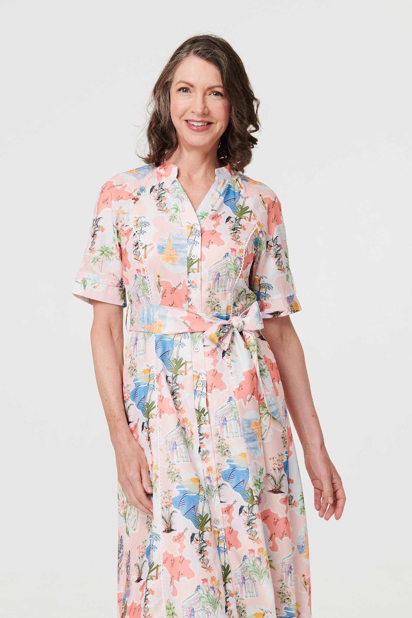 Izabel London Izabel London Women's Printed Tie Waist 1/2 Sleeve Midi Dress in Pink - 4