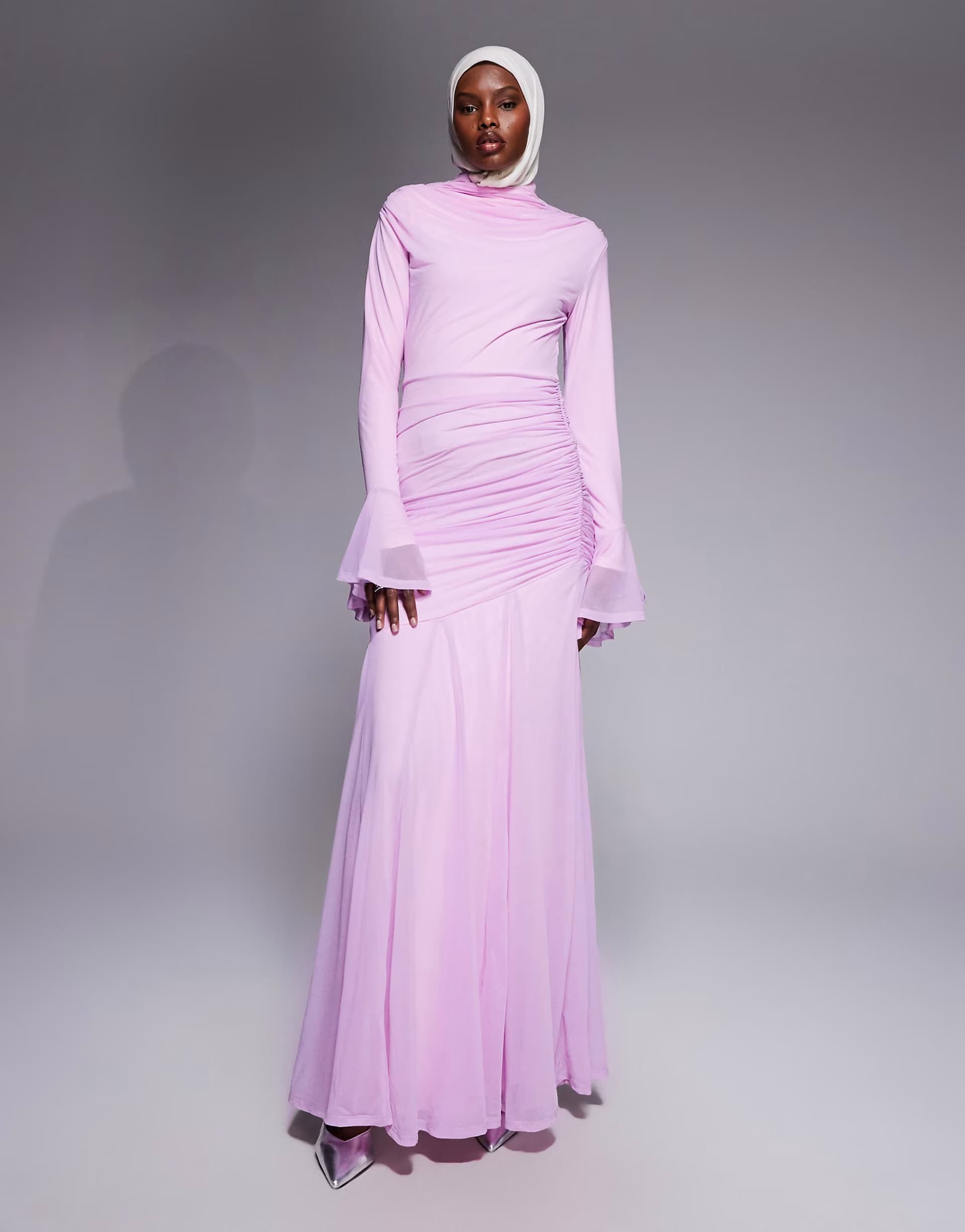 ASOS ASOS DESIGN stretch chiffon ruched draped waist maxi dress with fluted sleeve in baby pink