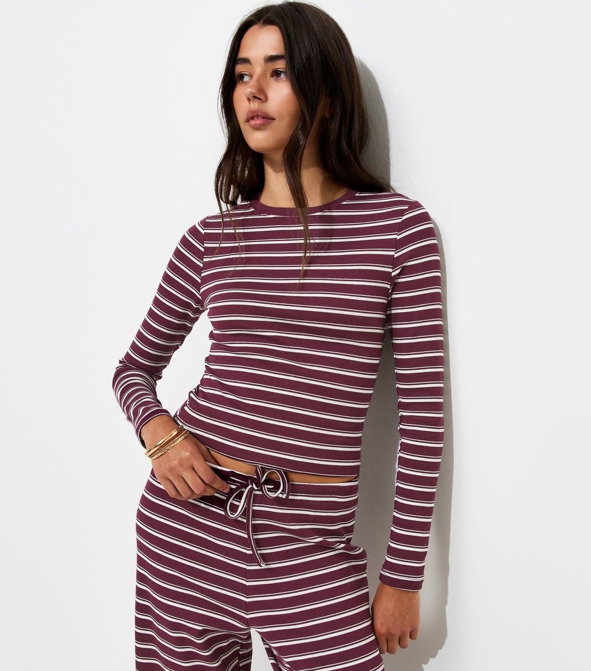New Look Women's Red Cotton Rich Striped Long Sleeve Baby Tee Top New Look