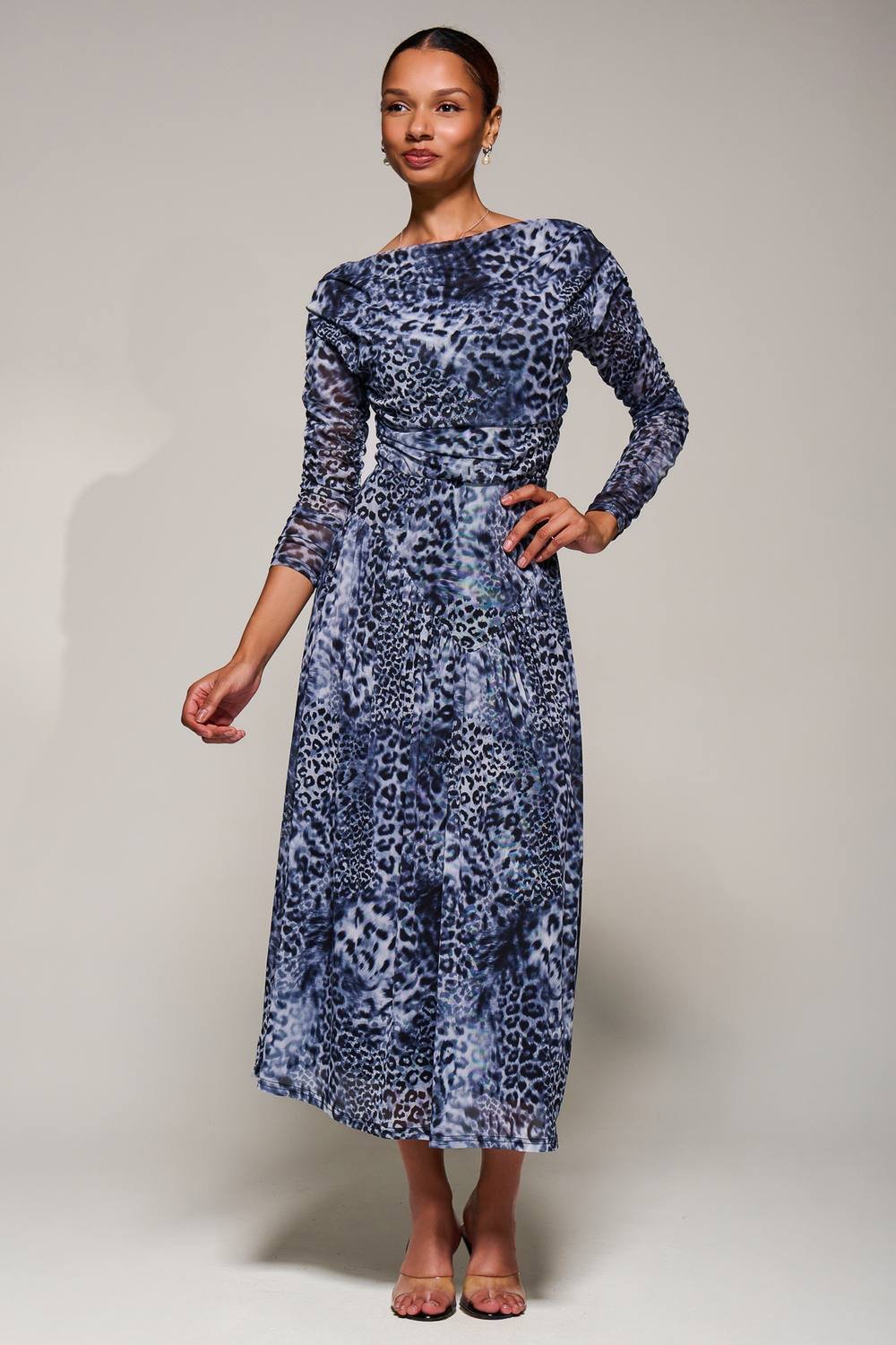 Jolie Moi Jolie Moi Women's Long Sleeve Asymmetric Mesh Midi Dress - 2