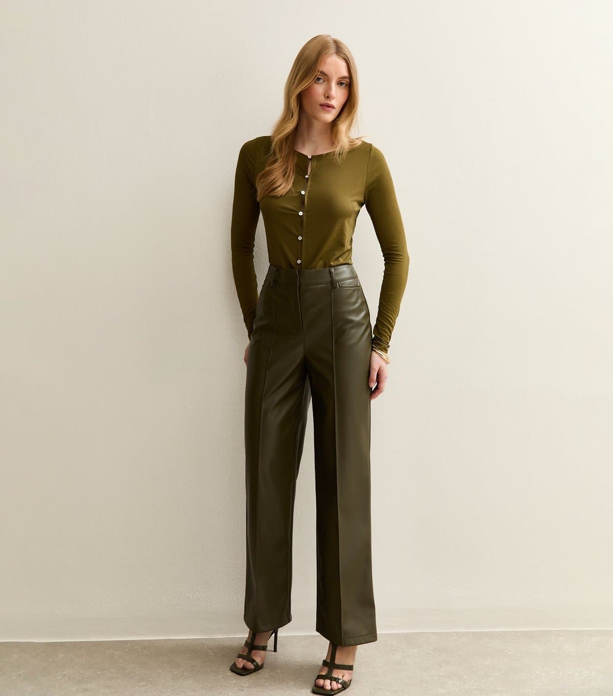 New Look Women's Khaki Faux Leather Wide Leg Trousers New Look