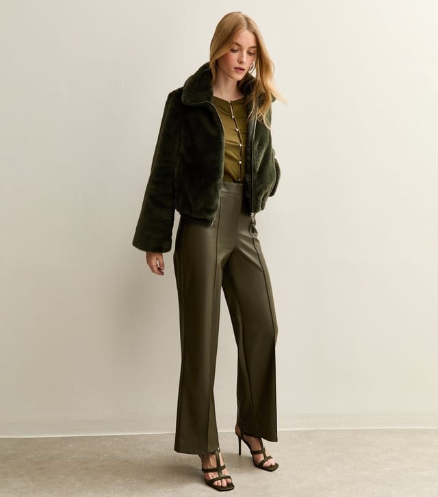 New Look Women's Khaki Faux Leather Wide Leg Trousers New Look - 3