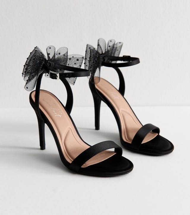 New Look Women's Black Satin Embellished Mesh Bow Sandals Vegan New Look - 2