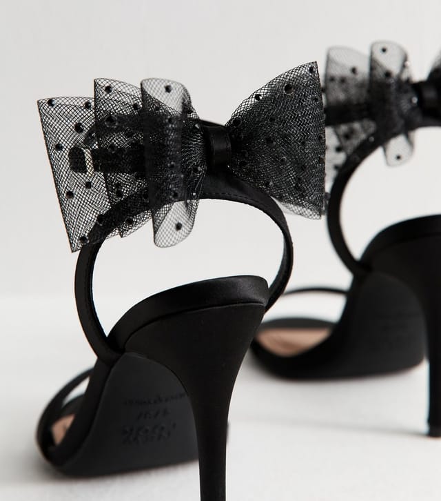 New Look Women's Black Satin Embellished Mesh Bow Sandals Vegan New Look - 3