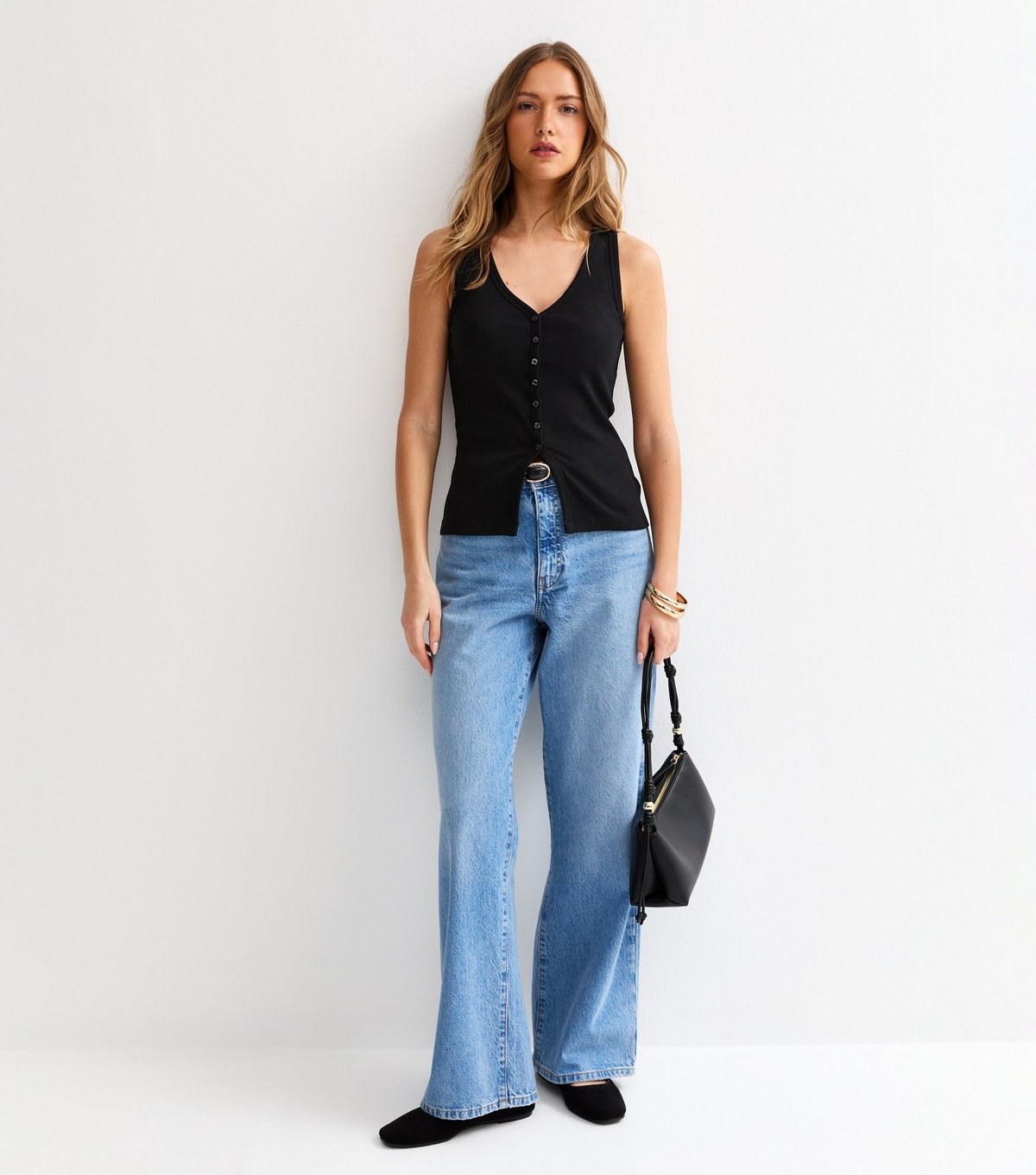 New Look Women's Black Ribbed Jersey V-Neck Button Through Vest Top New Look - 3