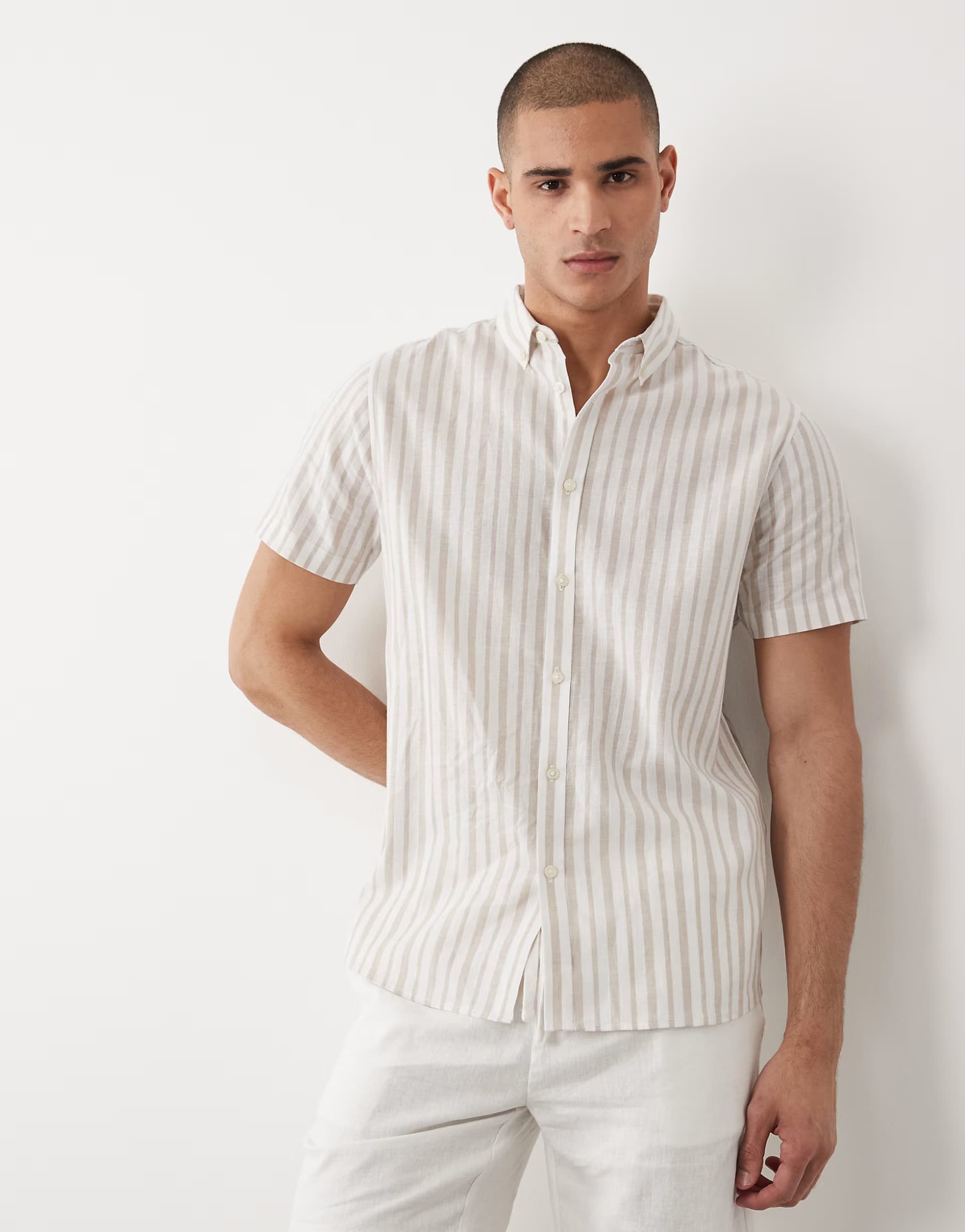 ASOS Threadbare linen mix short sleeve shirt in stone and ecru stripe