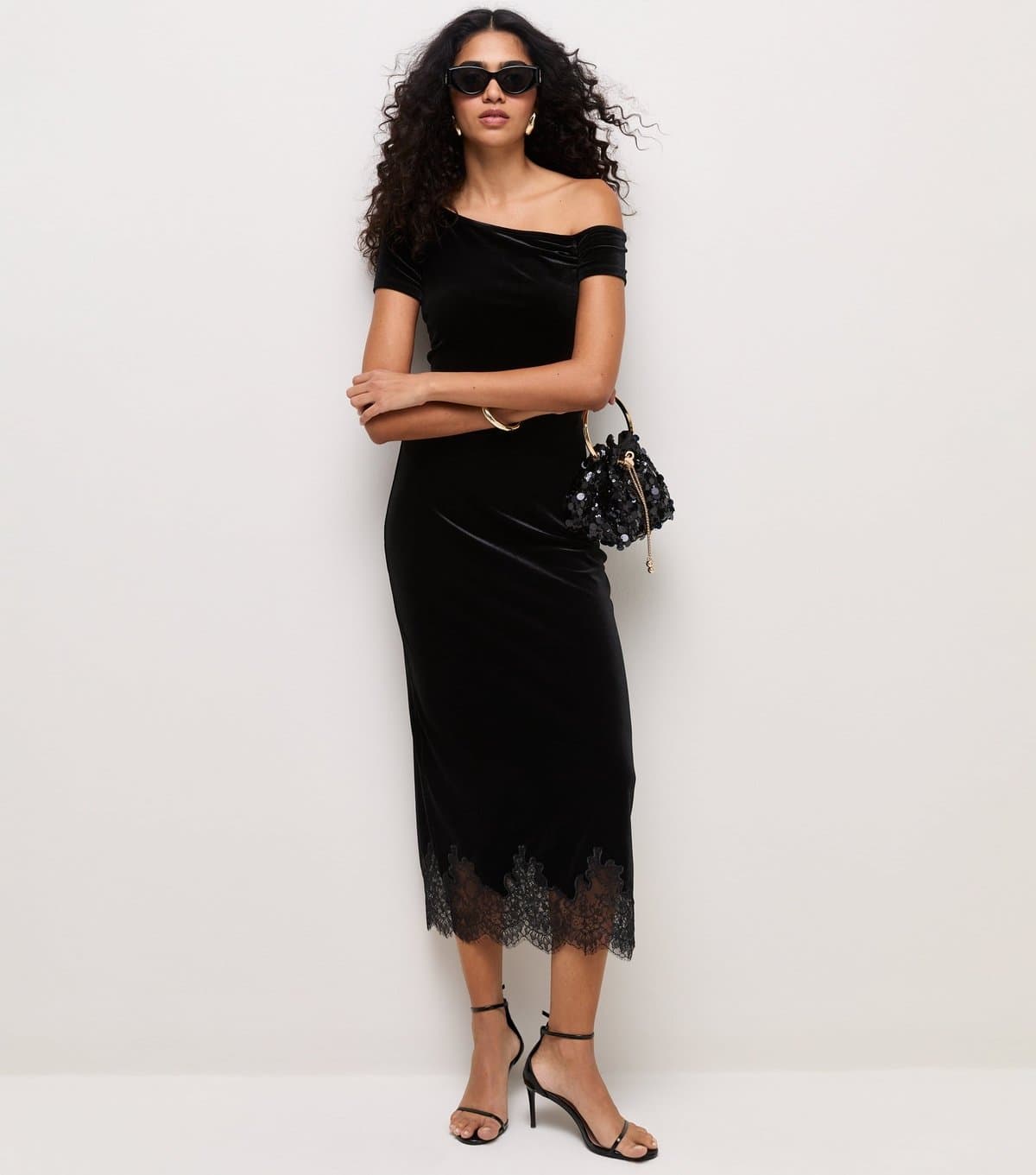 New Look New Look Black Velvet Lace Trim Midi Dress