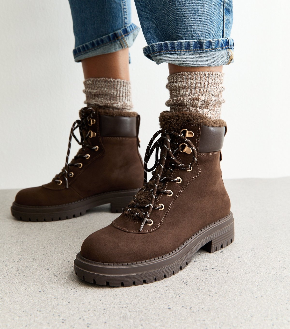 New Look Women's Brown Faux Fur Lined Lace Up Ankle Boots Vegan New Look - 2