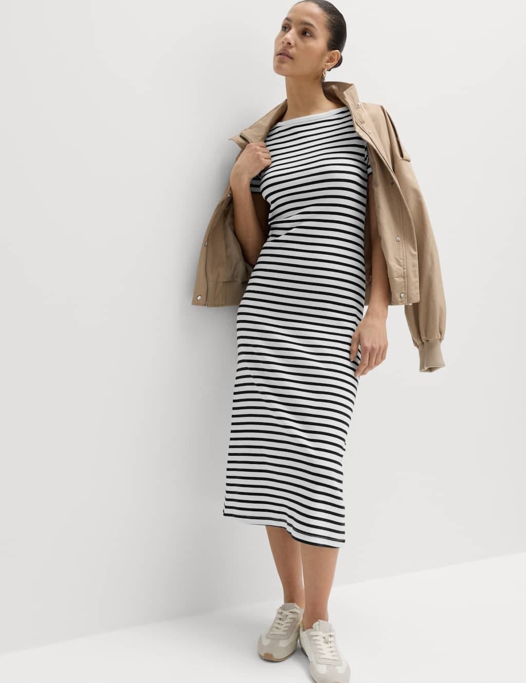 Marks & Spencer M&S Cotton Rich Striped Midi Column Dress Black Mix