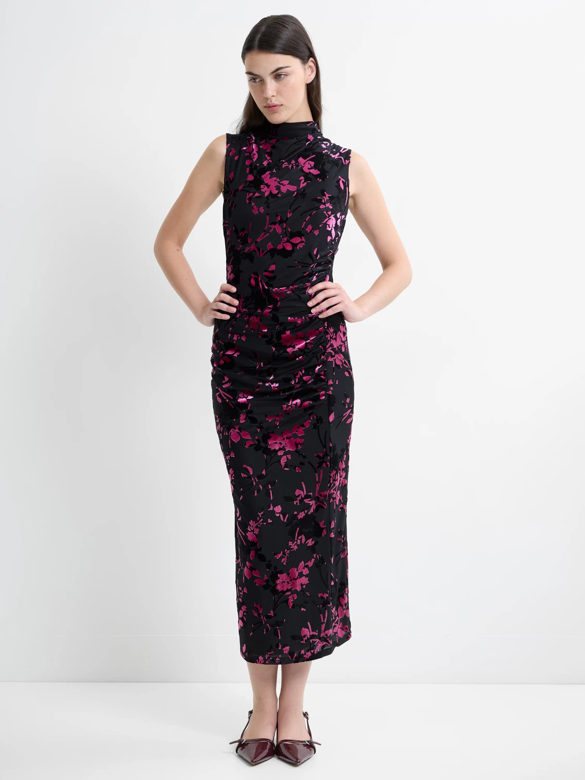 French Connection Idina Devore Sleeveless Draped Midi Dress Black/Fluro Pink