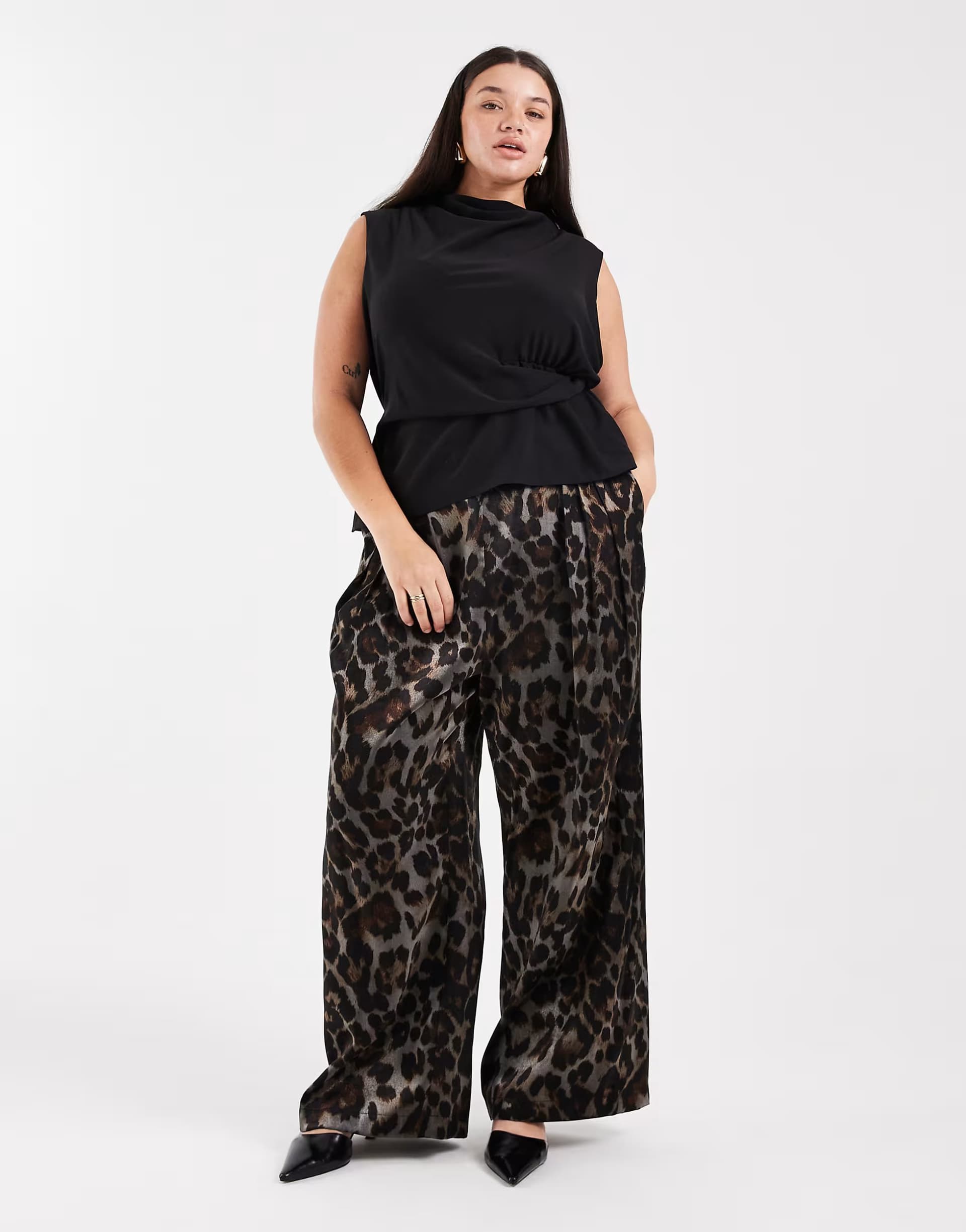 ASOS New Look Curve animal print wide leg trousers in black