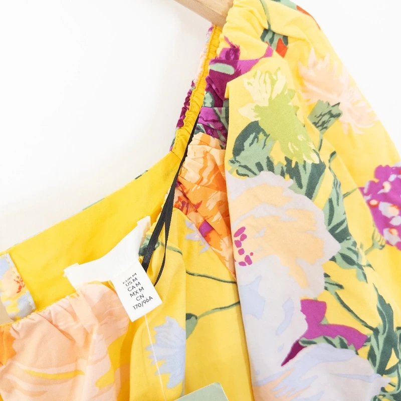 H&M H&M Yellow Floral Crop Top Size M 12 14 Puff Sleeve Summer Boho Tie Back - 1