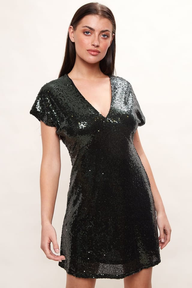 Louche Louche Women's Jaska Sequin V Neck Mini Dress in Bottle Green - 2
