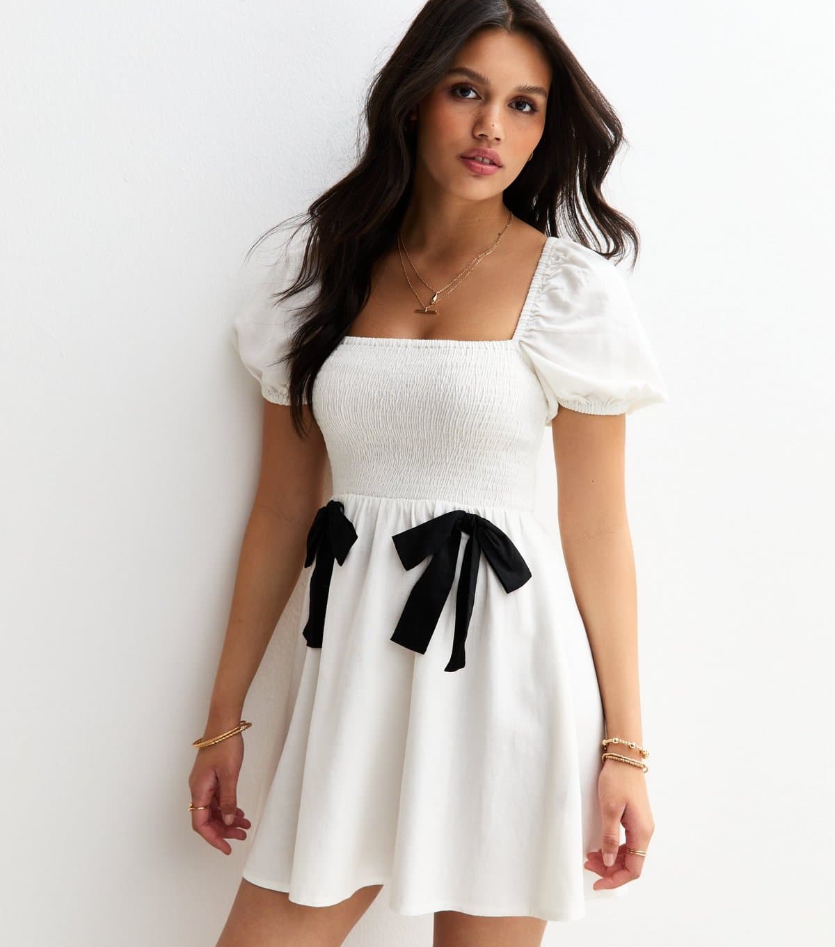 New Look Women's White Shirred Bow Front Mini Dress New Look