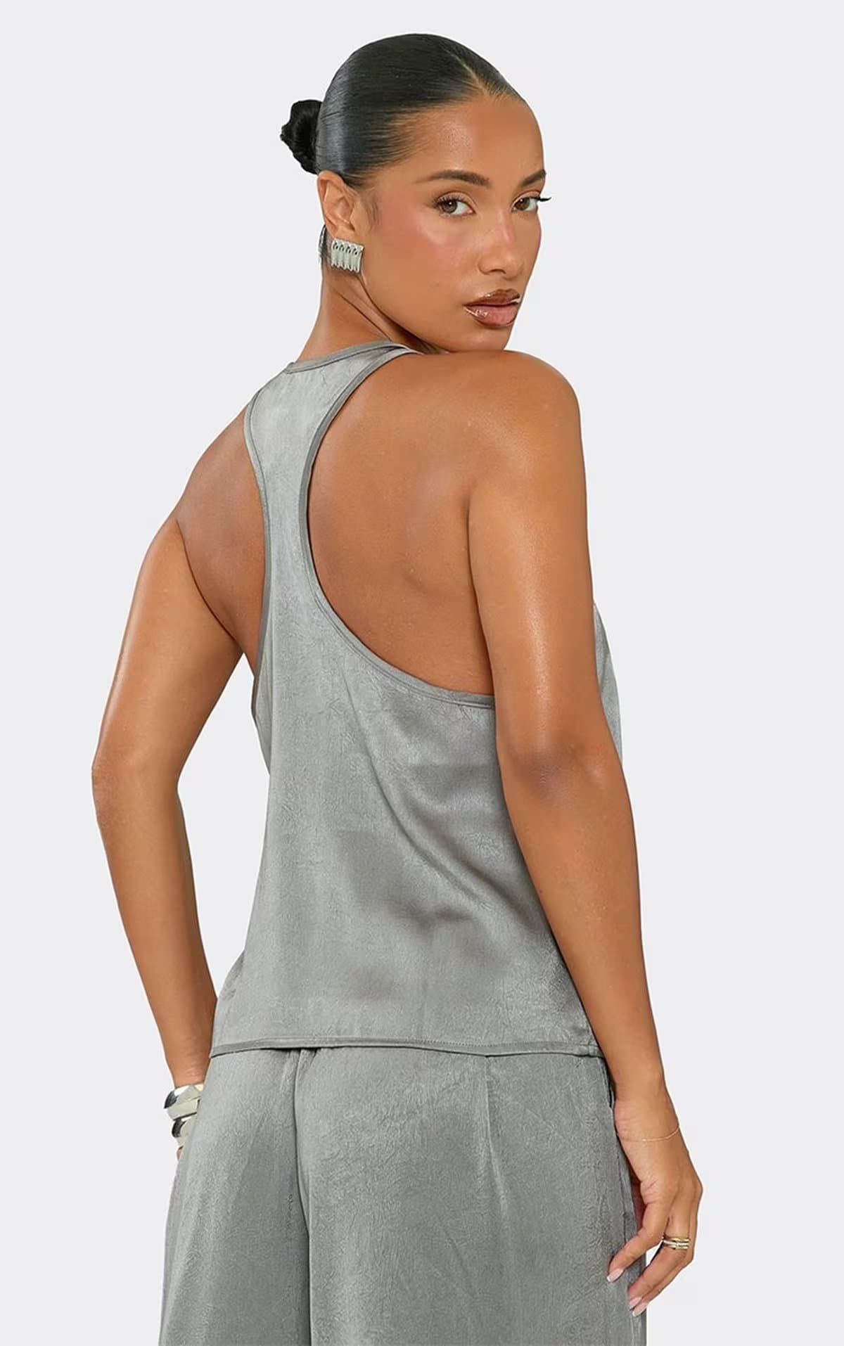 EGO Sleeveless Scoop Neck Racer Back Cami Top In Grey Satin, Women's Size UK 6