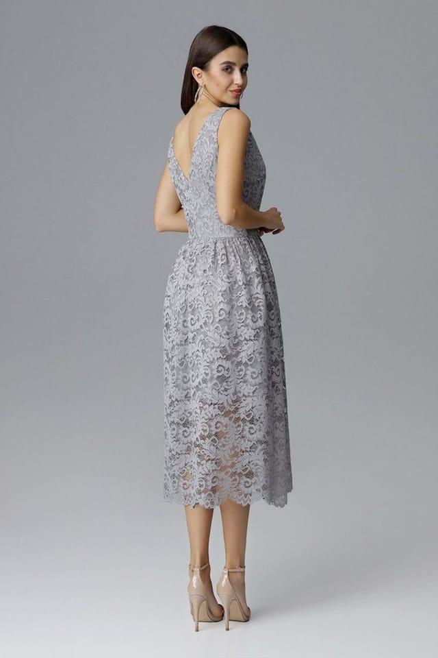 Love Lace Love Lace Women's Elegant Lace Sleeveless Evening Dress with Lining in Grey - 3