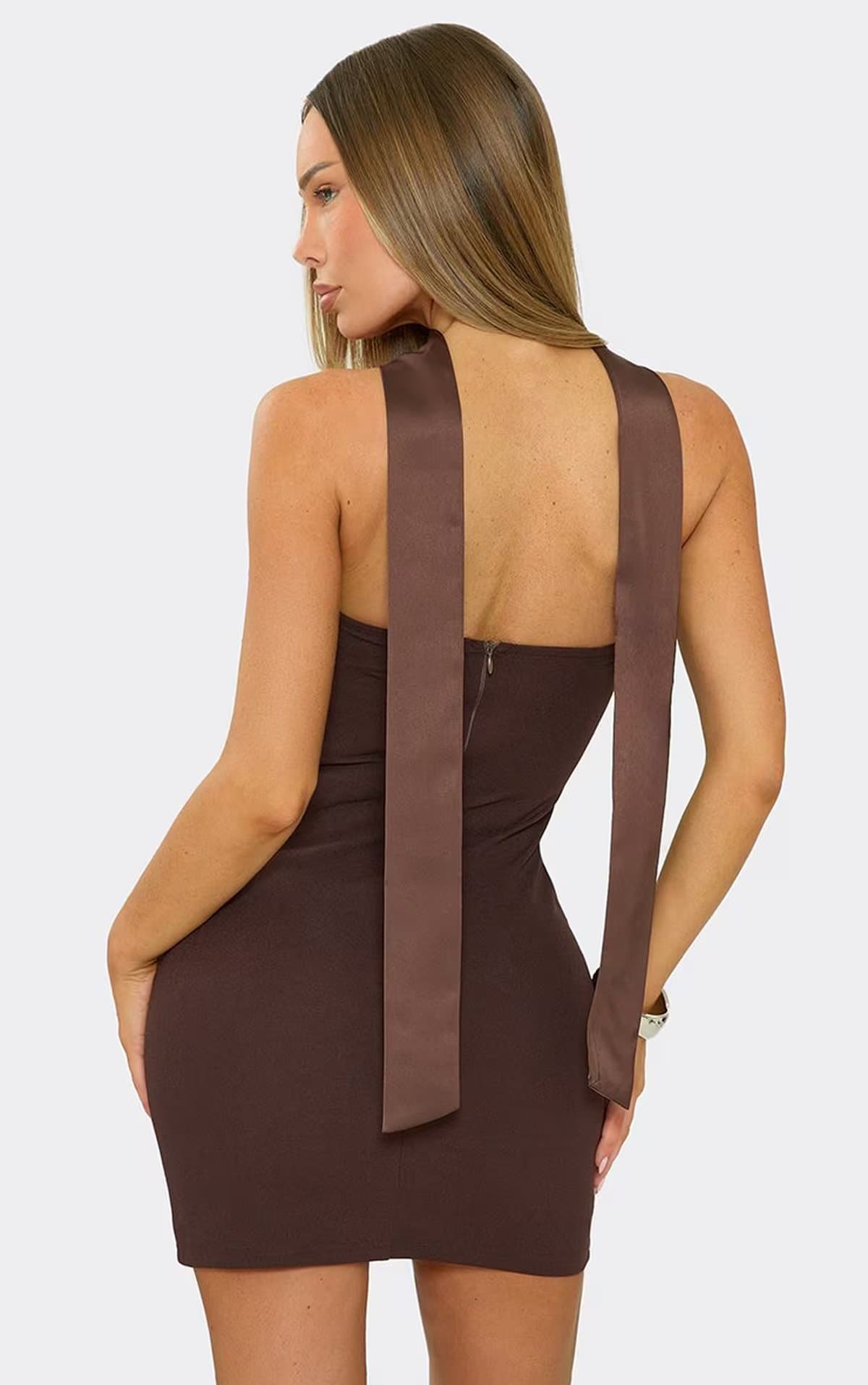 EGO Bandeau Contrast Satin Drape And Scarf Detail Corseted Mini Dress In Chocolate Brown, Women's Size UK 6