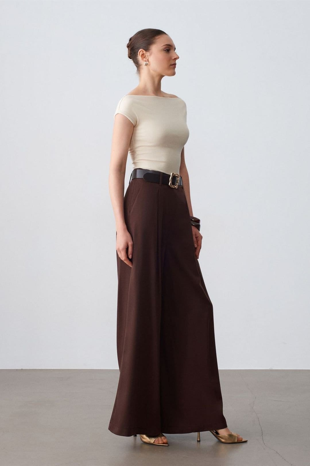 Dilvin Chocolate High-Waist Pleated Wide-Leg Trousers