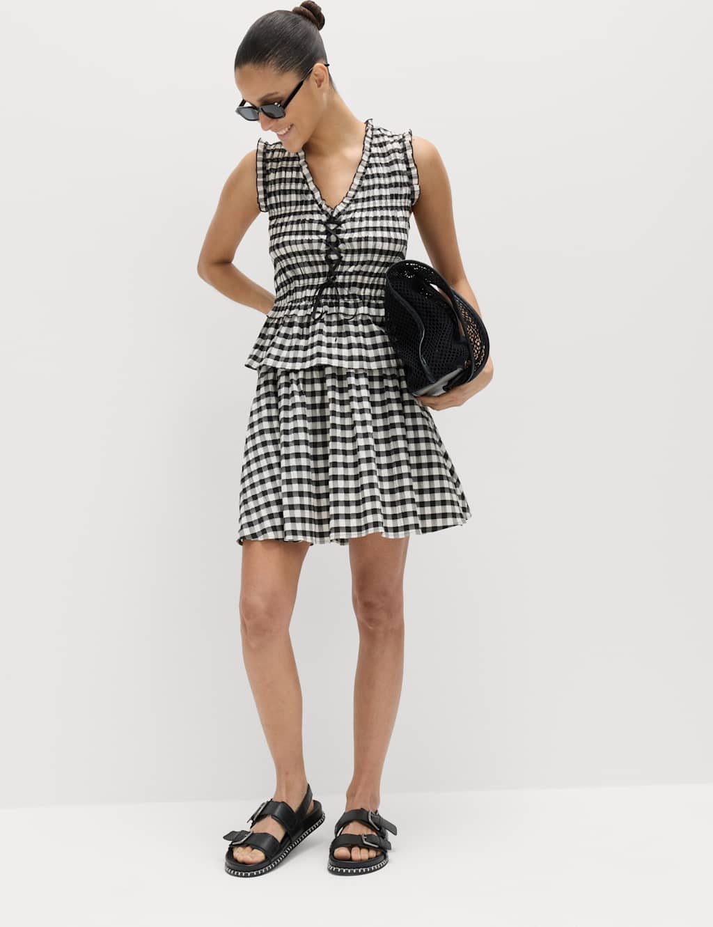 Marks & Spencer M&S Cotton Blend Gingham Shirred Peplum Top Black Mix - 3